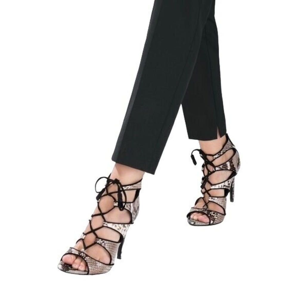 Zara Womens Mob Wife Sexy Leather Snakeskin Lace Up Stiletto Sandals 37 Neutral